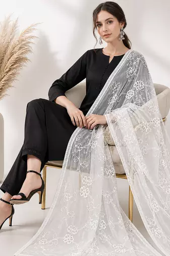 White chiffon embroidered thread work fancy casual dupattas for women