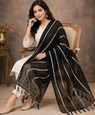 Black organza embroidered mirror work fancy casual dupattas for women 3