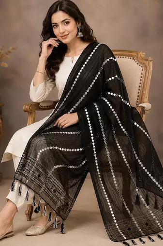 Black organza embroidered mirror work fancy casual dupattas for women