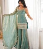Women's Gorgeous Embroidery Work Fendy Silk Fabric Straight Kurta Pant and Dupatta Set