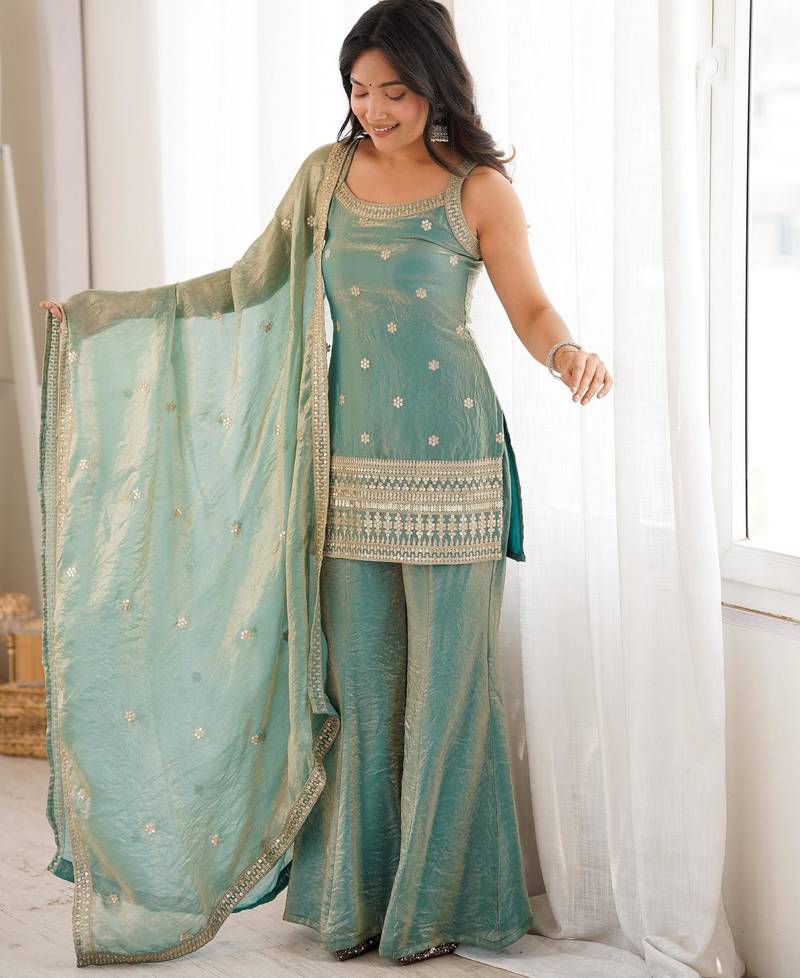 Women's Gorgeous Embroidery Work Fendy Silk Fabric Straight Kurta Pant and Dupatta Set