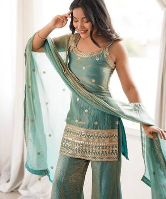 Women's Gorgeous Embroidery Work Fendy Silk Fabric Straight Kurta Pant and Dupatta Set 2