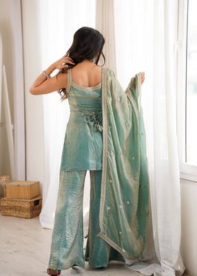 Women's Gorgeous Embroidery Work Fendy Silk Fabric Straight Kurta Pant and Dupatta Set 4
