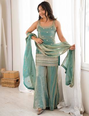 Women's Gorgeous Embroidery Work Fendy Silk Fabric Straight Kurta Pant and Dupatta Set 5