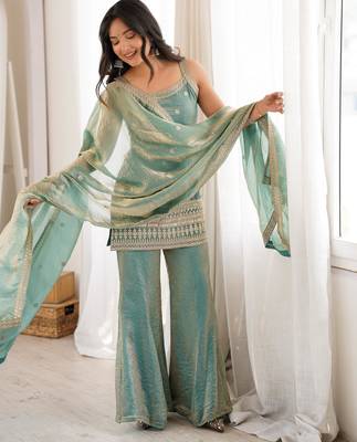 Women's Gorgeous Embroidery Work Fendy Silk Fabric Straight Kurta Pant and Dupatta Set 6
