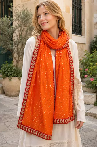 Orange art silk bandhani printed fancy casual dupattas for women
