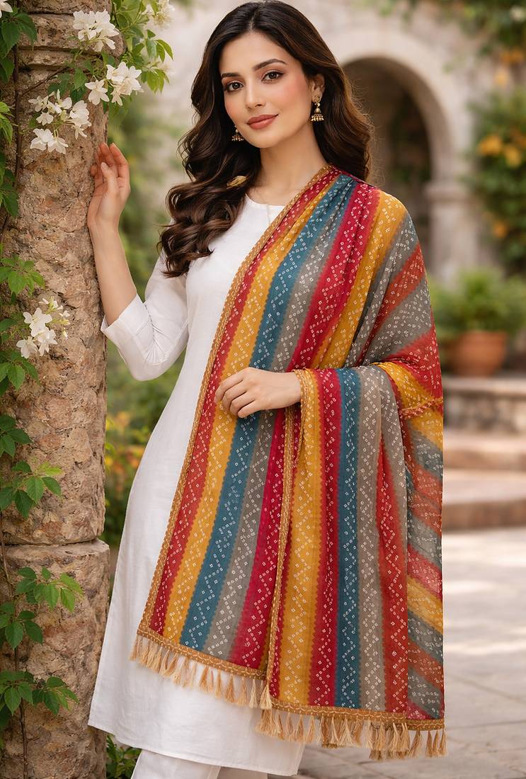 Multicolor art silk bandhani printed fancy casual dupattas for women