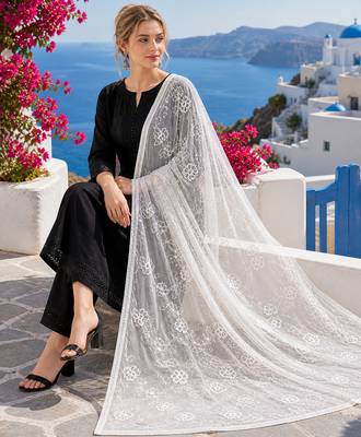 White chiffon embroidered thread work fancy casual dupattas for women 3