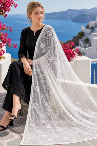 White chiffon embroidered thread work fancy casual dupattas for women