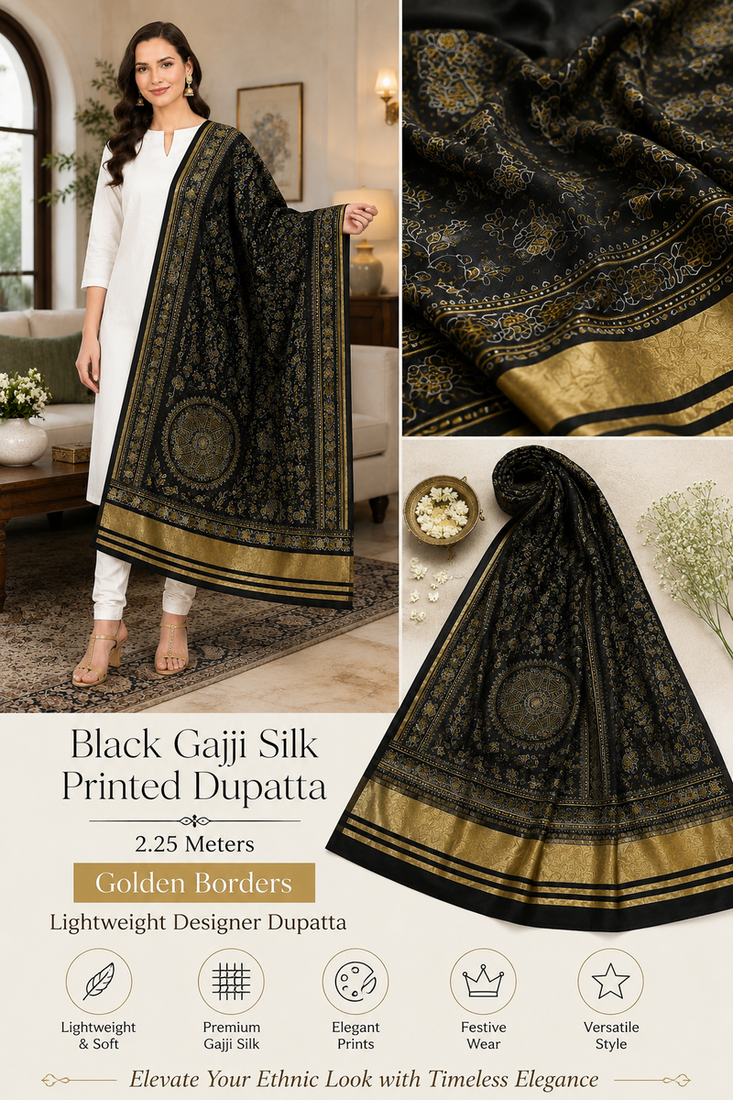 Black silk blend floral printed fancy casual dupattas for women