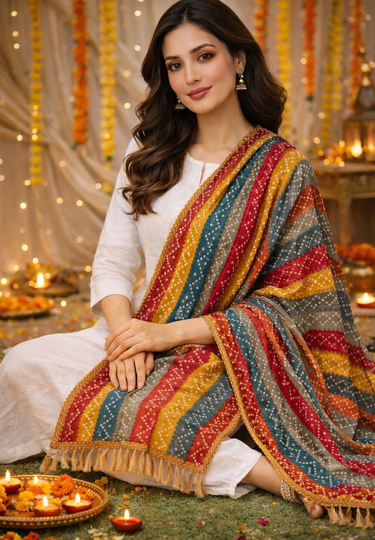 Multicolor art silk bandhani printed fancy casual dupattas for women