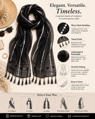 Black organza embroidered mirror work fancy casual dupattas for women 4