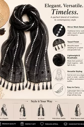 Black organza embroidered mirror work fancy casual dupattas for women