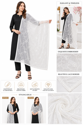 White chiffon embroidered thread work fancy casual dupattas for women 4