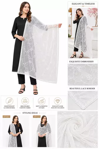 White chiffon embroidered thread work fancy casual dupattas for women