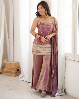 Women's Gorgeous Embroidery Fendy Silk Fabric Straight Kurta Pant and Dupatta Set 5