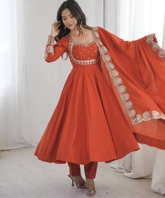 Orange roman silk blend gown set with chanderi dupatta 1