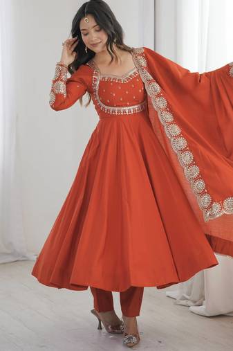 Orange roman silk blend gown set with chanderi dupatta