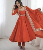 Orange roman silk blend gown set with chanderi dupatta
