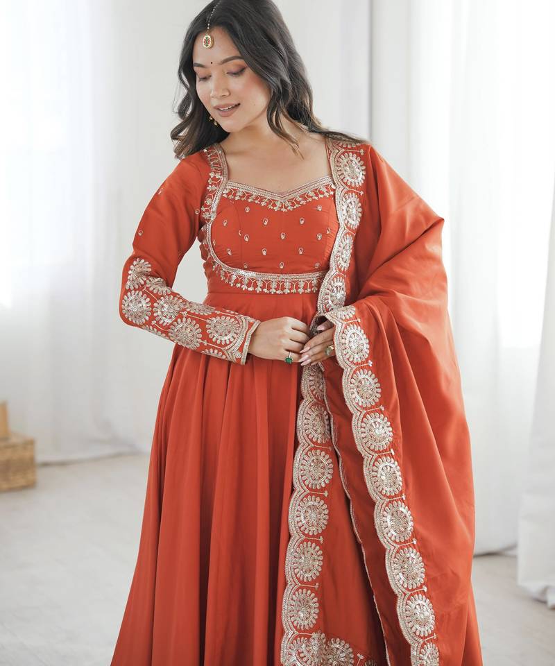 Orange roman silk blend gown set with chanderi dupatta