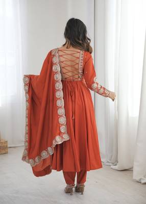 Orange roman silk blend gown set with chanderi dupatta 3