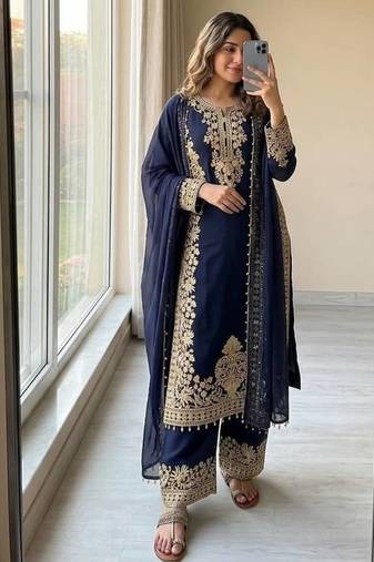Navy blue faux georgette kurta palazzo set