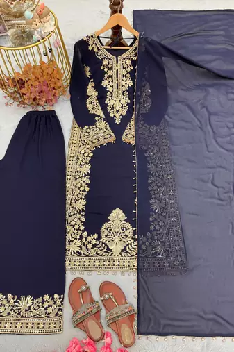 Navy blue faux georgette kurta palazzo set