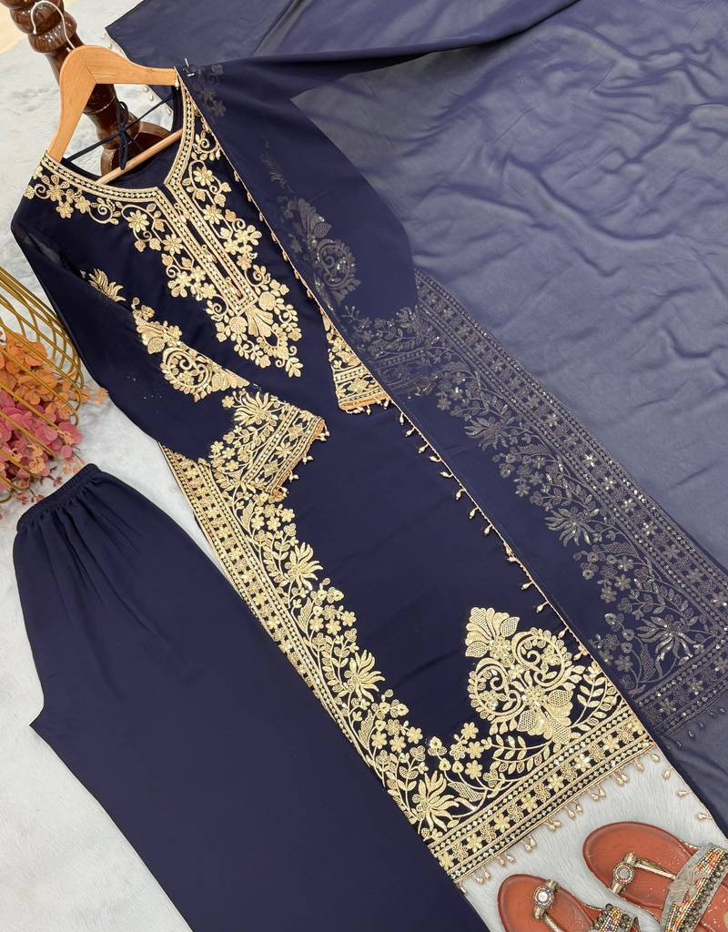 Navy blue faux georgette kurta palazzo set