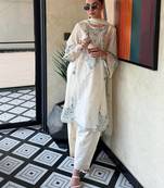 Off white satin rayon kurta farshi pajama set with cutwork dupatta