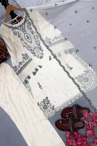 Off white satin rayon kurta farshi pajama set with cutwork dupatta
