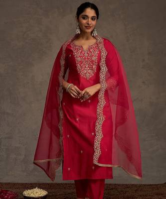 Women Ethnic Motifs Embroidered Regular Thread Work Liva Kurta with Trousers & With Dupatta 1