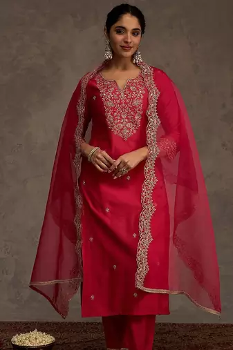 Women Ethnic Motifs Embroidered Regular Thread Work Liva Kurta with Trousers & With Dupatta