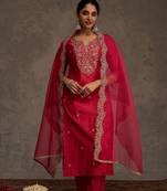 Women Ethnic Motifs Embroidered Regular Thread Work Liva Kurta with Trousers & With Dupatta