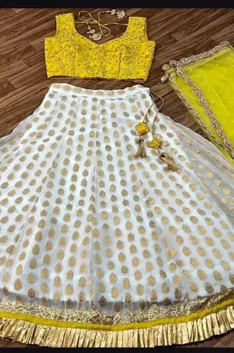 yellow banarasi georgette lehenga choli with gold motifs