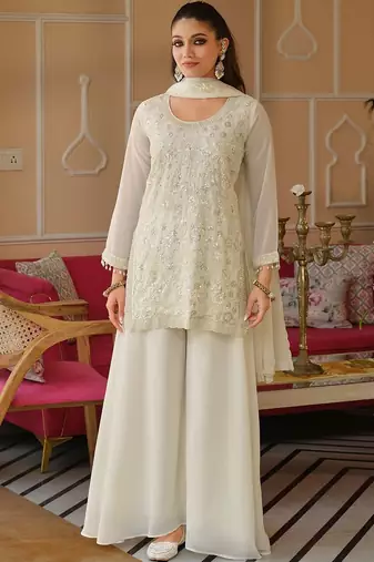 Women Ethnic Motifs Embroidered Regular Beads and Stones Kurta with Palazzos & With Dupatta