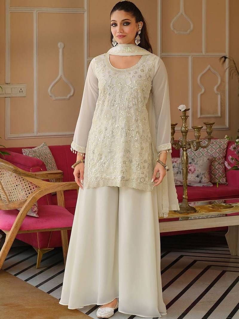 Women Ethnic Motifs Embroidered Regular Beads and Stones Kurta with Palazzos & With Dupatta