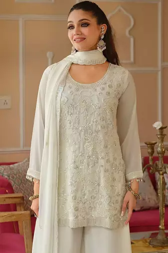 Women Ethnic Motifs Embroidered Regular Beads and Stones Kurta with Palazzos & With Dupatta