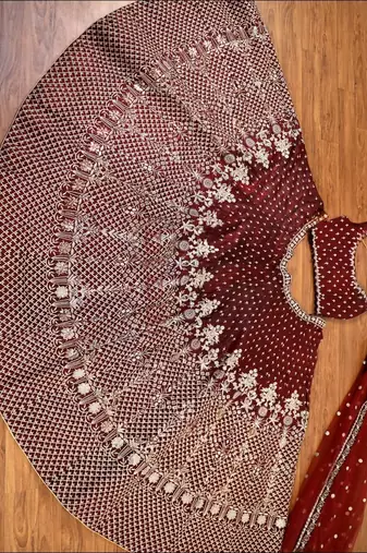 maroon taffeta silk embroidered wedding lehenga choli