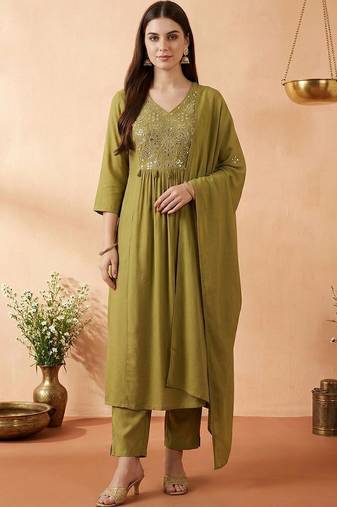 Women Empire Mirror Work Kurta with Trousers & With Dupatta