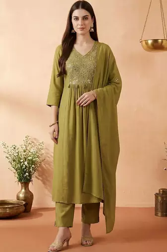 Women Empire Mirror Work Kurta with Trousers & With Dupatta