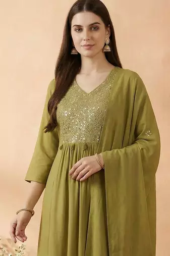 Women Empire Mirror Work Kurta with Trousers & With Dupatta