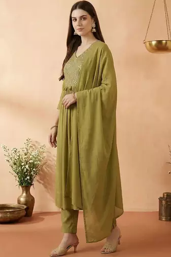 Women Empire Mirror Work Kurta with Trousers & With Dupatta