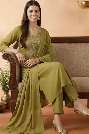 Women Empire Mirror Work Kurta with Trousers & With Dupatta