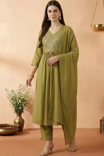 Women Empire Mirror Work Kurta with Trousers & With Dupatta