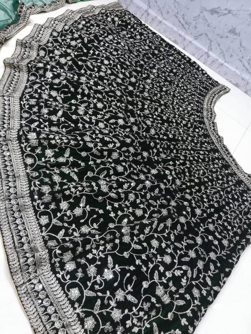 green velvet cording embroidery designer lehenga choli set