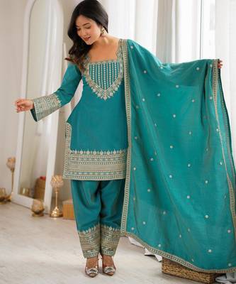 Women's Gorgeous Embroidery Fendy Silk Fabric Straight Kurta Pant and Dupatta Set 1