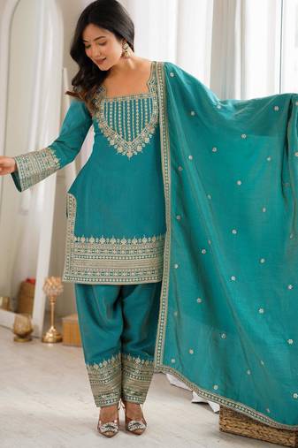 Women's Gorgeous Embroidery Fendy Silk Fabric Straight Kurta Pant and Dupatta Set