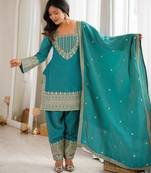 Women's Gorgeous Embroidery Fendy Silk Fabric Straight Kurta Pant and Dupatta Set