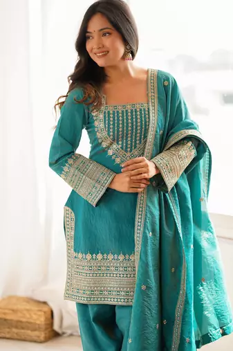 Women's Gorgeous Embroidery Fendy Silk Fabric Straight Kurta Pant and Dupatta Set