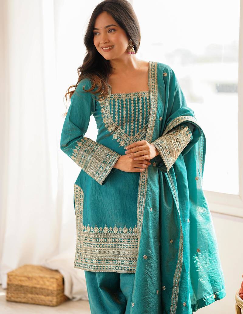 Women's Gorgeous Embroidery Fendy Silk Fabric Straight Kurta Pant and Dupatta Set